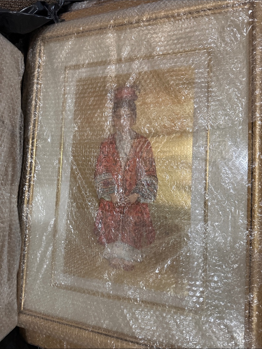 Vintage Framed Oriental Print in Red and Gold